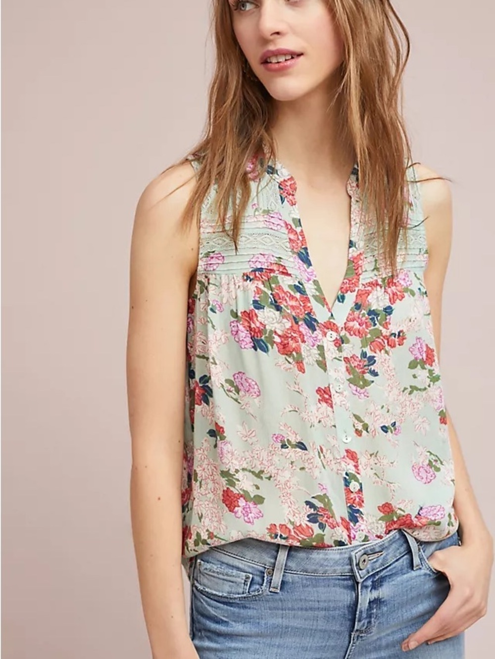 Anthropologie Mint Floral Lace Pintucked Sleeveless Shirt Camisole Size 4